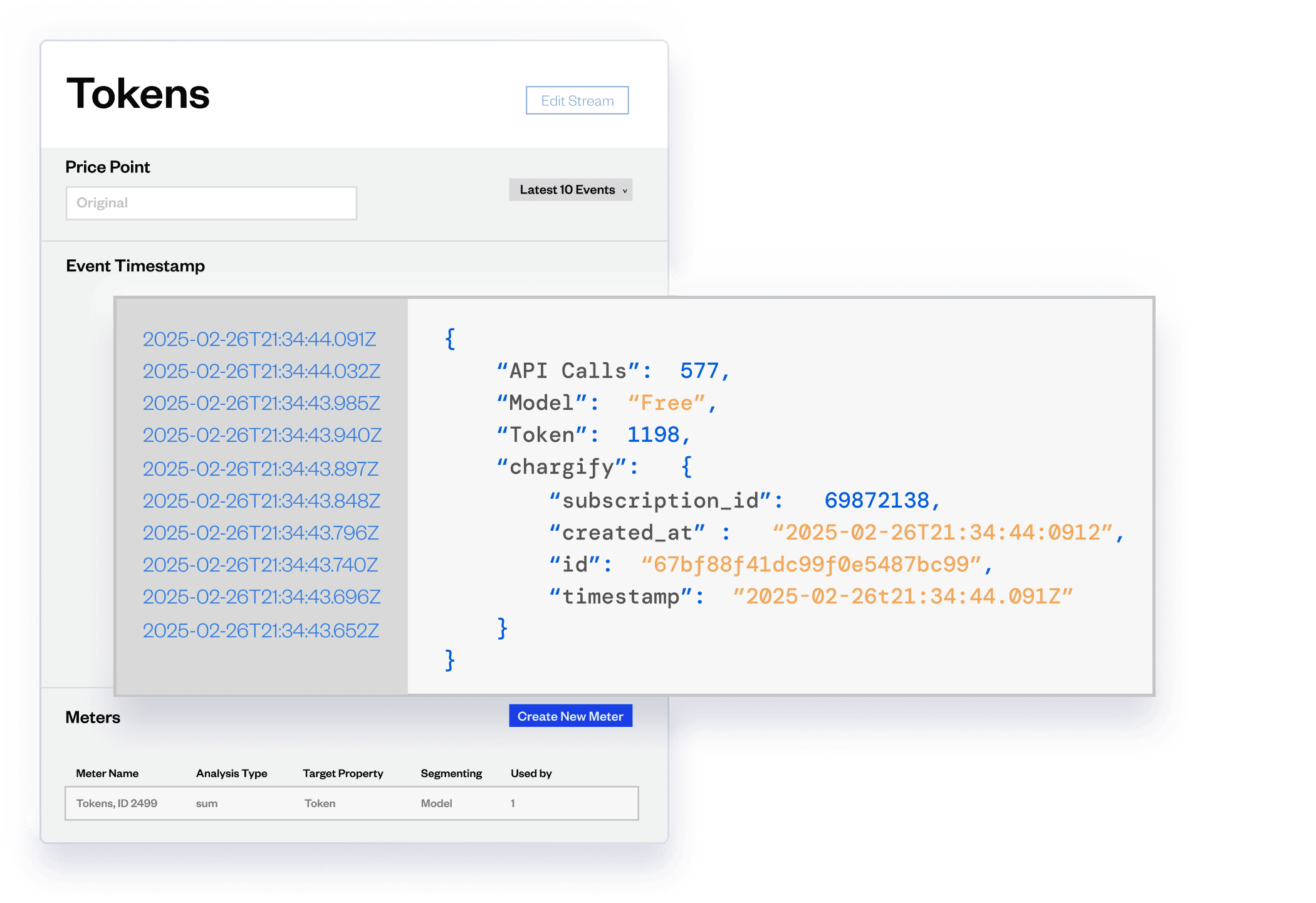 Metering tokens with event time stamp interface